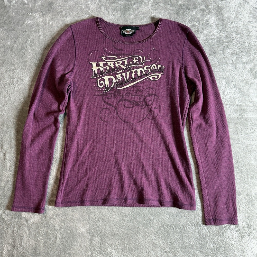 Womens Harley Davidson Thermal Long Sleeve Shirt Large Purple Y2K